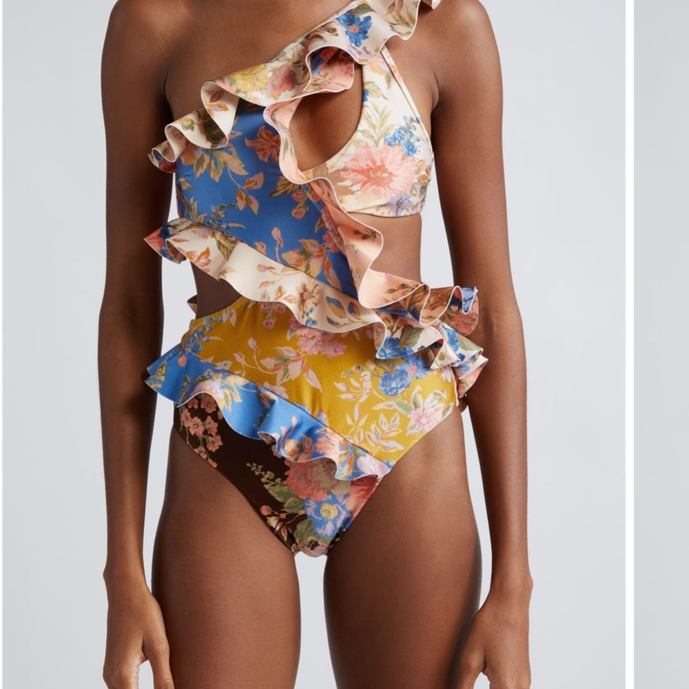 Zimmermann Multicolor Floral One-Shoulder Swimsuit